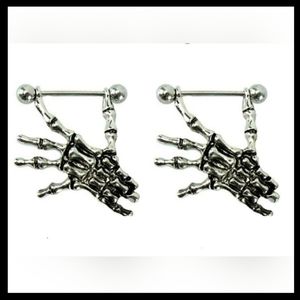 Nipple Shield Rings, Stainless Steel Skeleton Hand Dangling, Sold as a Pair